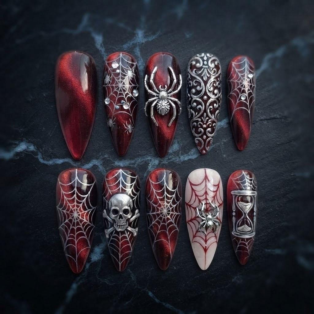 Red and Black Gothic Halloween Spiderweb Nail Set with Skull and Silver Details