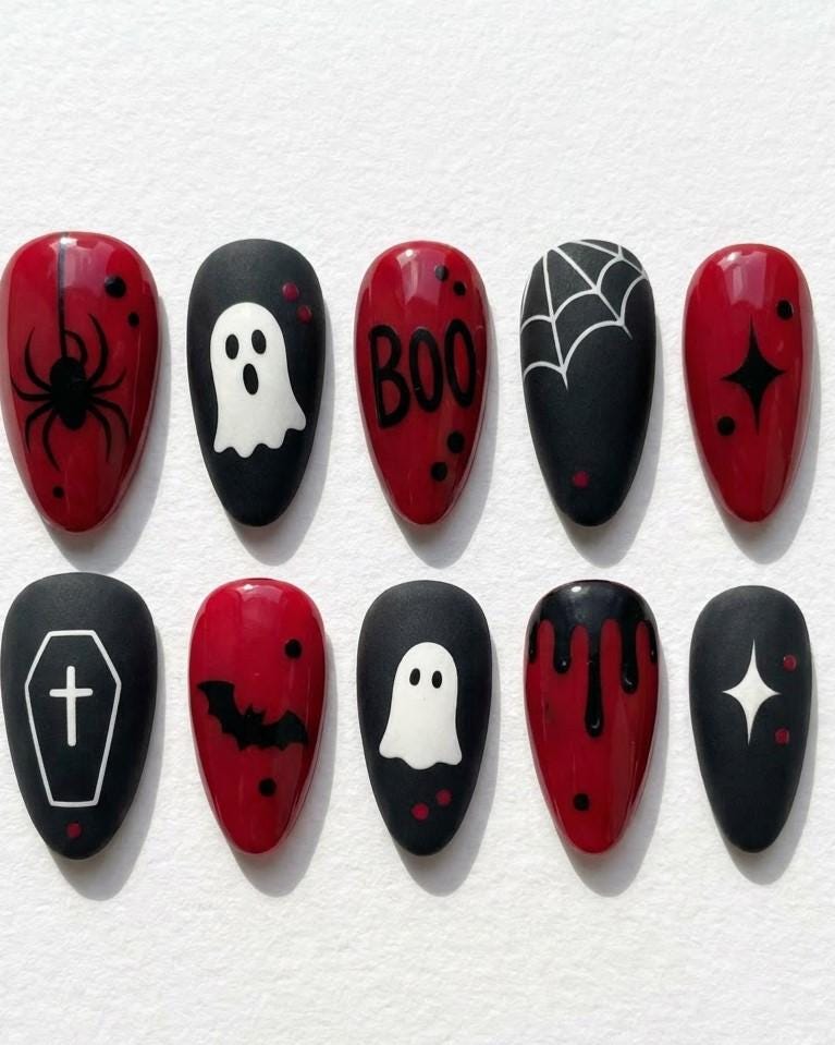 Red and Black Halloween Press-On Nails With Ghosts, Spiderwebs and Coffin Art