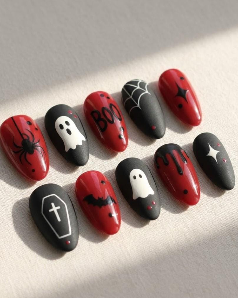 Red and Black Halloween Press-On Nails With Ghosts, Spiderwebs and Coffin Art