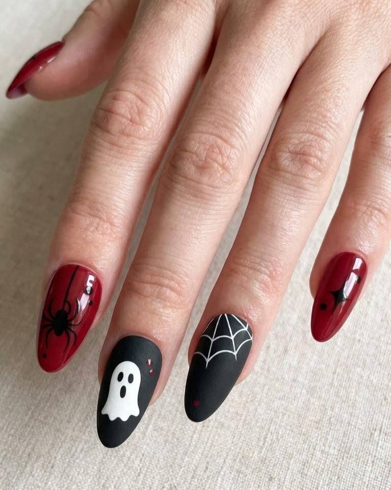 Red and Black Halloween Press-On Nails With Ghosts, Spiderwebs and Coffin Art