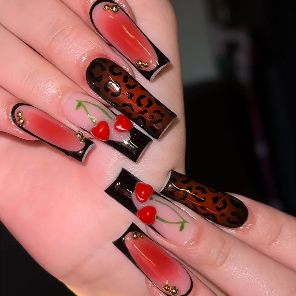 Red and Black Ombre Leopard Print Nails with 3D Cherries