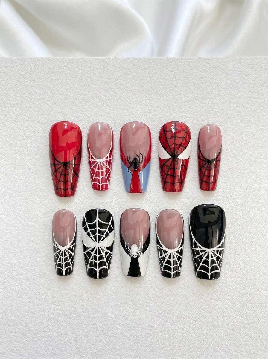 Red and Black Spider Web Comic Hero Halloween Press On Nails