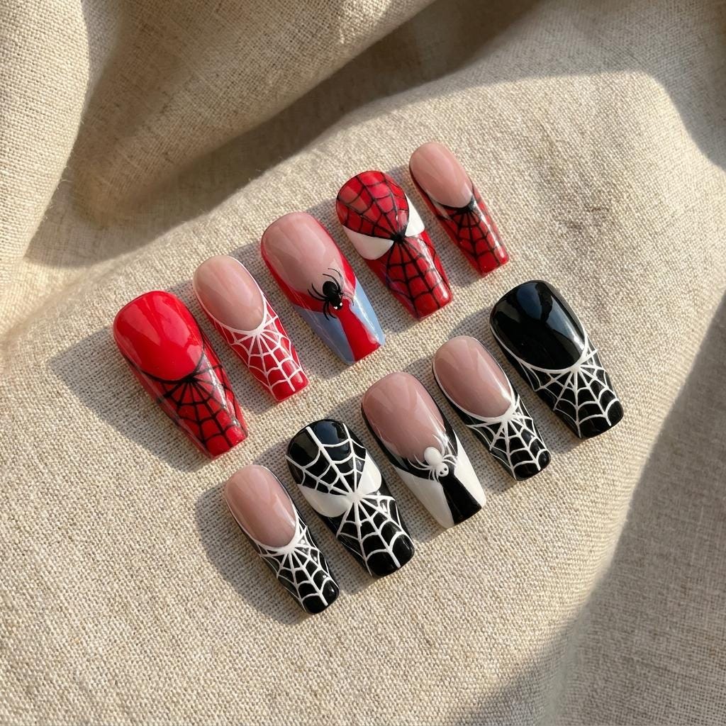 Red and Black Spider Web Comic Hero Halloween Press On Nails