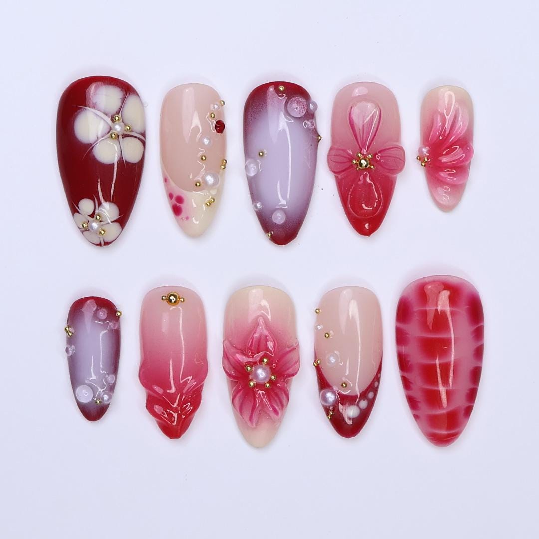 Red and Blush Floral Press On Nails with 3D Flowers and Pearl Accents