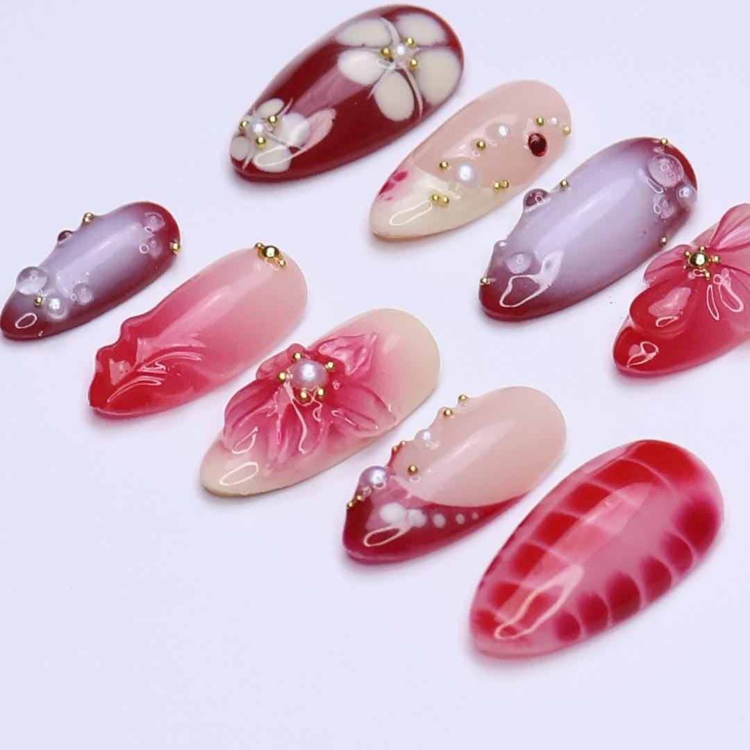 Red and Blush Floral Press On Nails with 3D Flowers and Pearl Accents