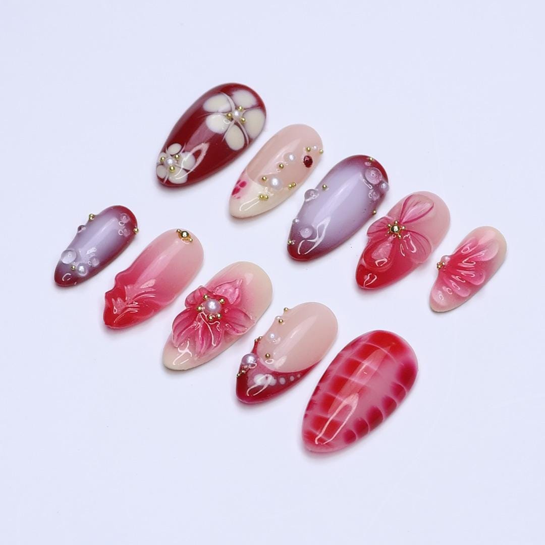 Red and Blush Floral Press On Nails with 3D Flowers and Pearl Accents