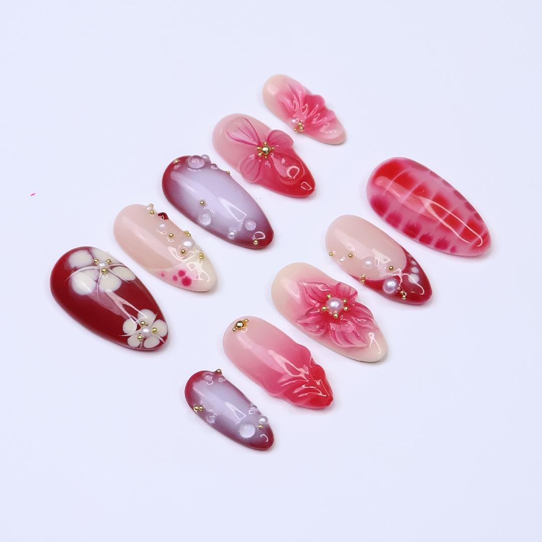Red and Blush Floral Press On Nails with 3D Flowers and Pearl Accents