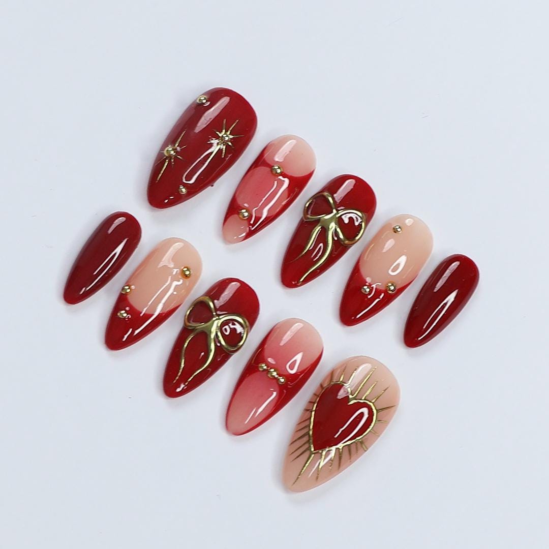 Red and Blush Valentine Press-On Nails with Gold Bows, Gems and Heart