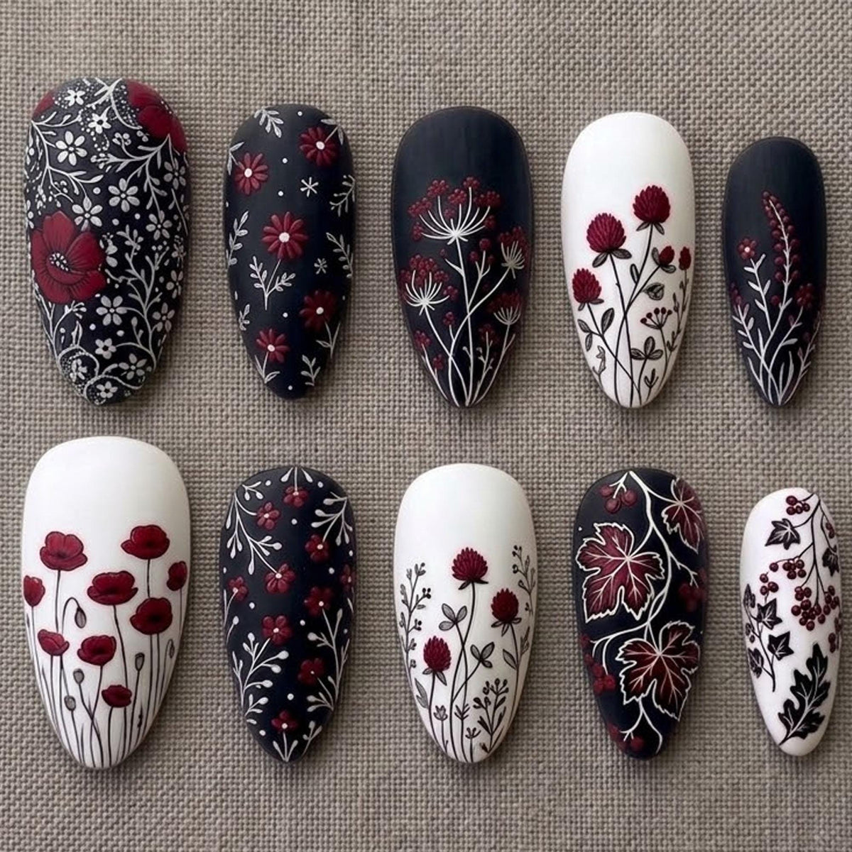 Red and Burgundy Botanical Floral Press On Nails in Navy and White
