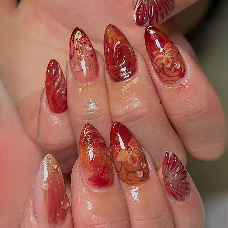 Red and Burgundy Marble Floral Nails with Gold Flecks