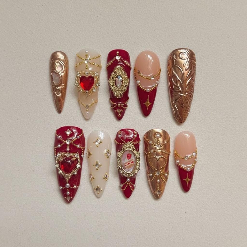 Red and Gold Baroque Press On Nails with Pearl Details and Jewel Accents