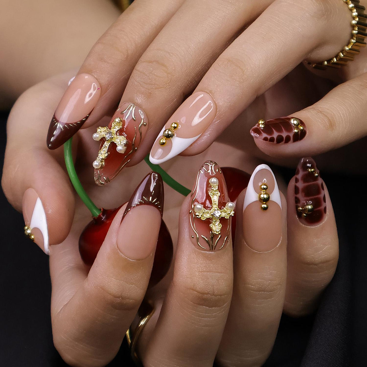 Red and Gold Cross Press-On Nails With Burgundy Marble French Tips