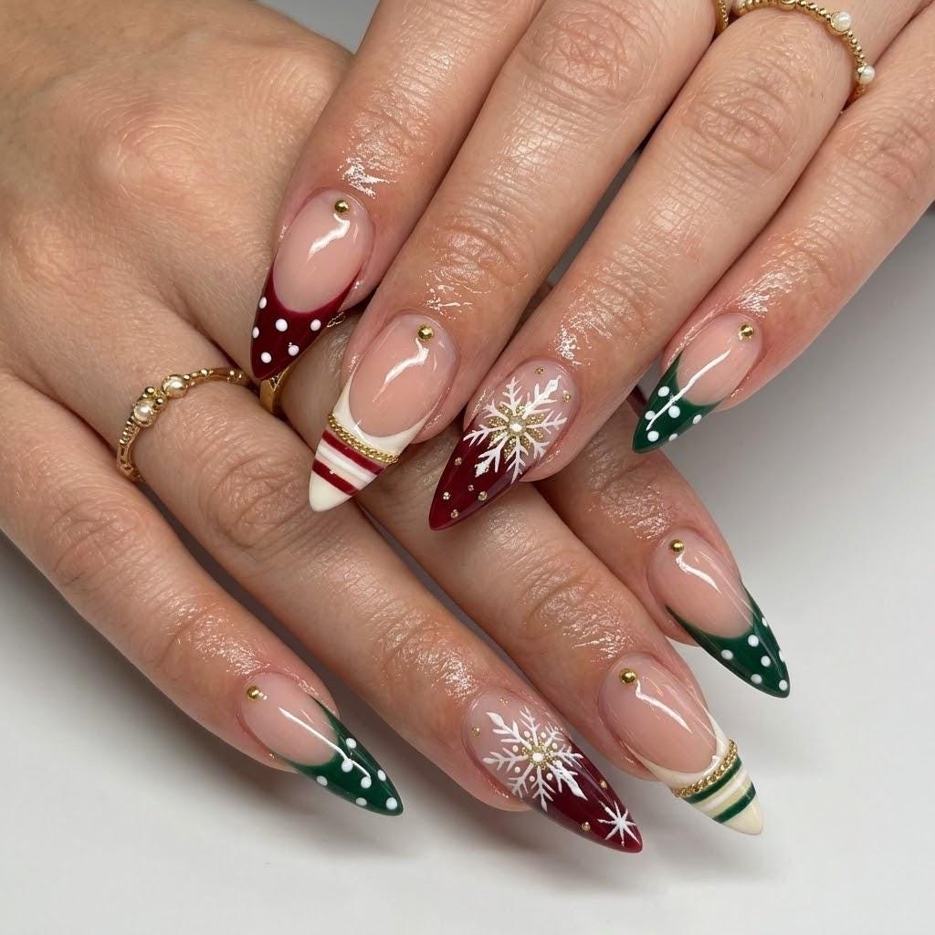 Red and Green Christmas French Tip Nails With Snowflakes and Gold Studs