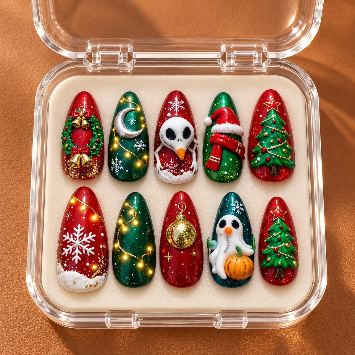 Red and Green Christmas Nails with 3D Wreaths, Trees, Snowman and Ghost in clear acrylic storage box