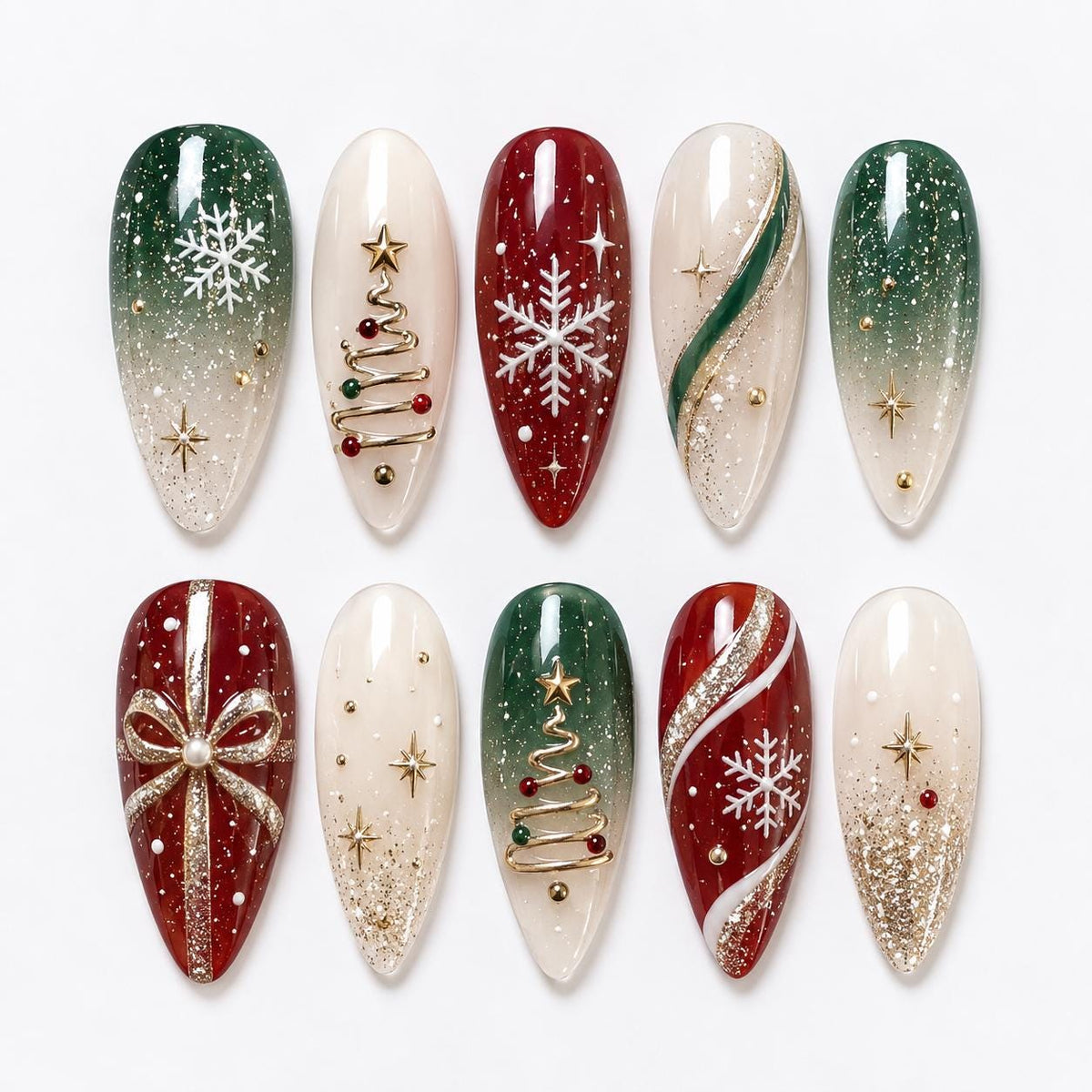 Red and Green Christmas Nails with Snowflakes, Gold Glitter, and Tree Details