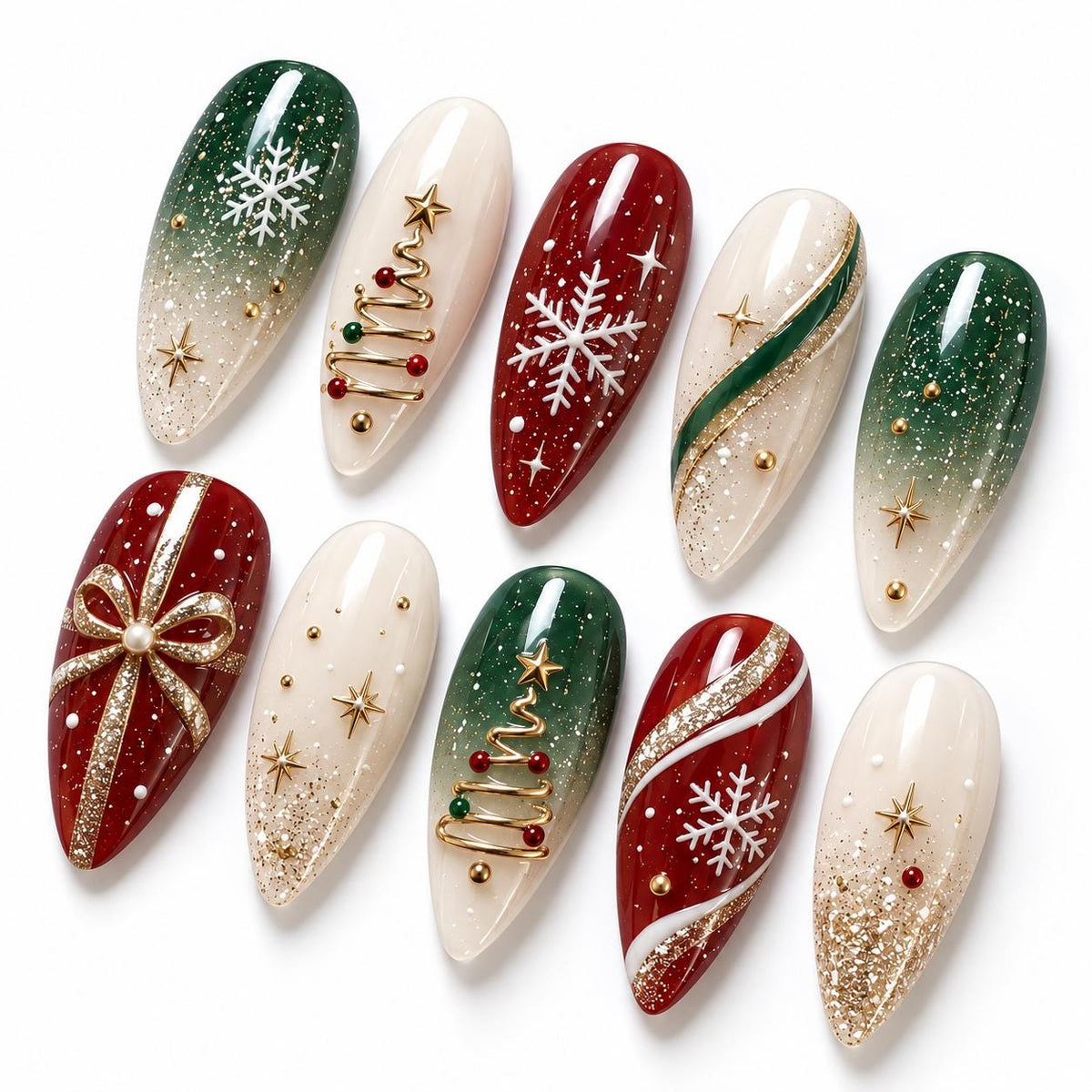 Red and Green Christmas Nails with Snowflakes, Gold Glitter, and Tree Details