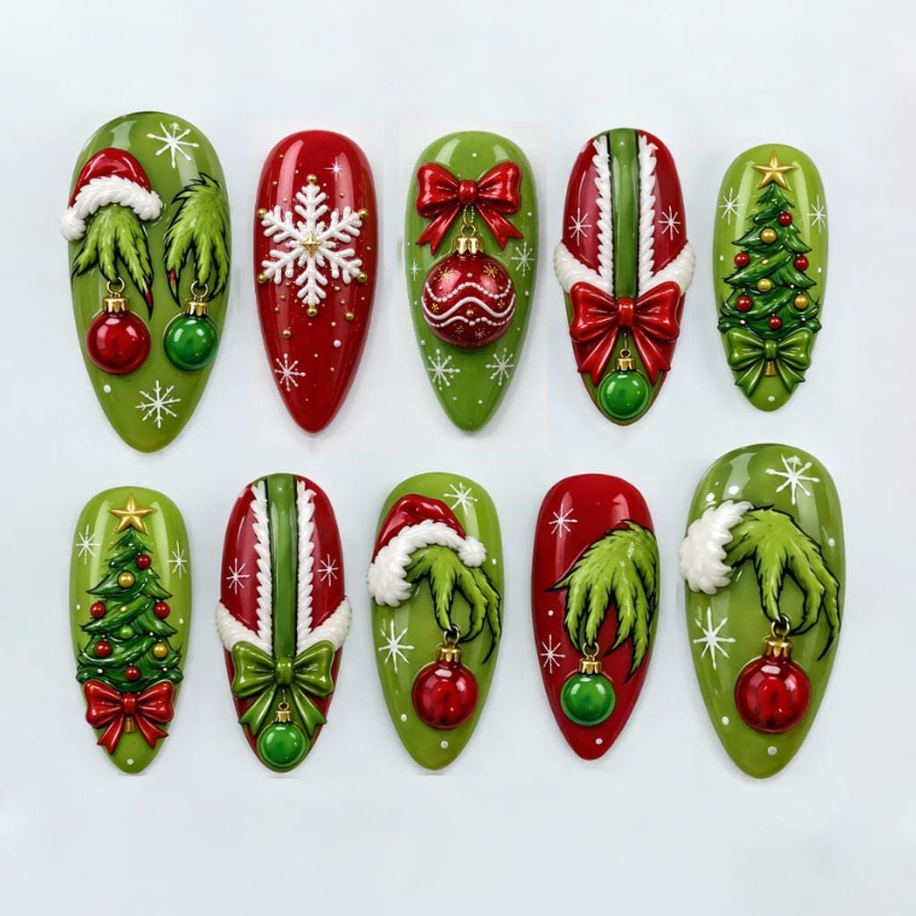Red and Green Christmas Nails With Snowflakes, Trees, Bows, and Ornaments