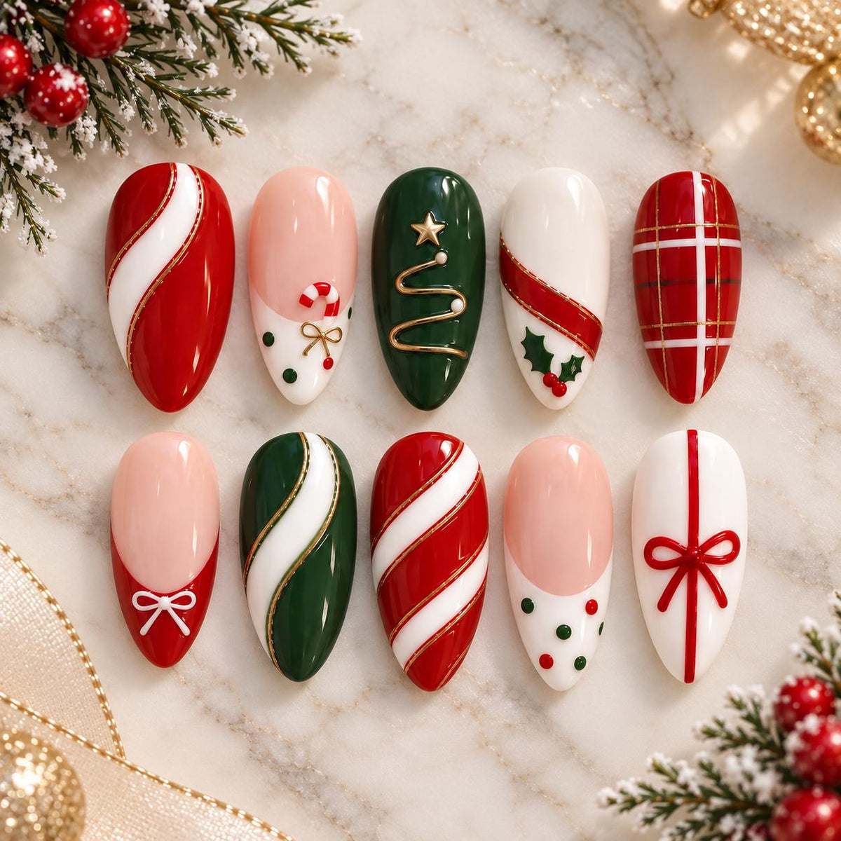 Red and Green Christmas Press-On Nails with Candy Cane Stripes, Bows and Plaid