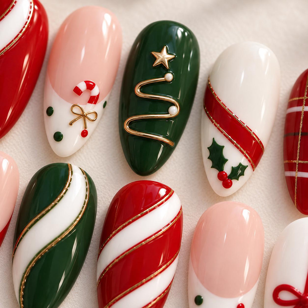 Red and Green Christmas Press-On Nails with Candy Cane Stripes, Bows and Plaid