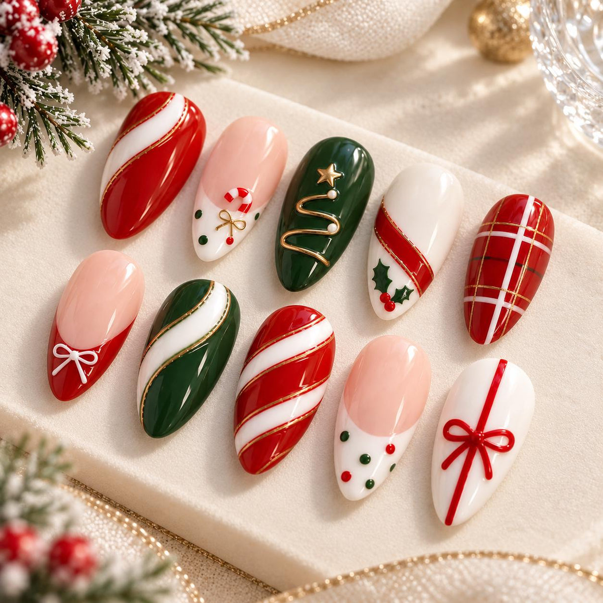 Red and Green Christmas Press-On Nails with Candy Cane Stripes, Bows and Plaid