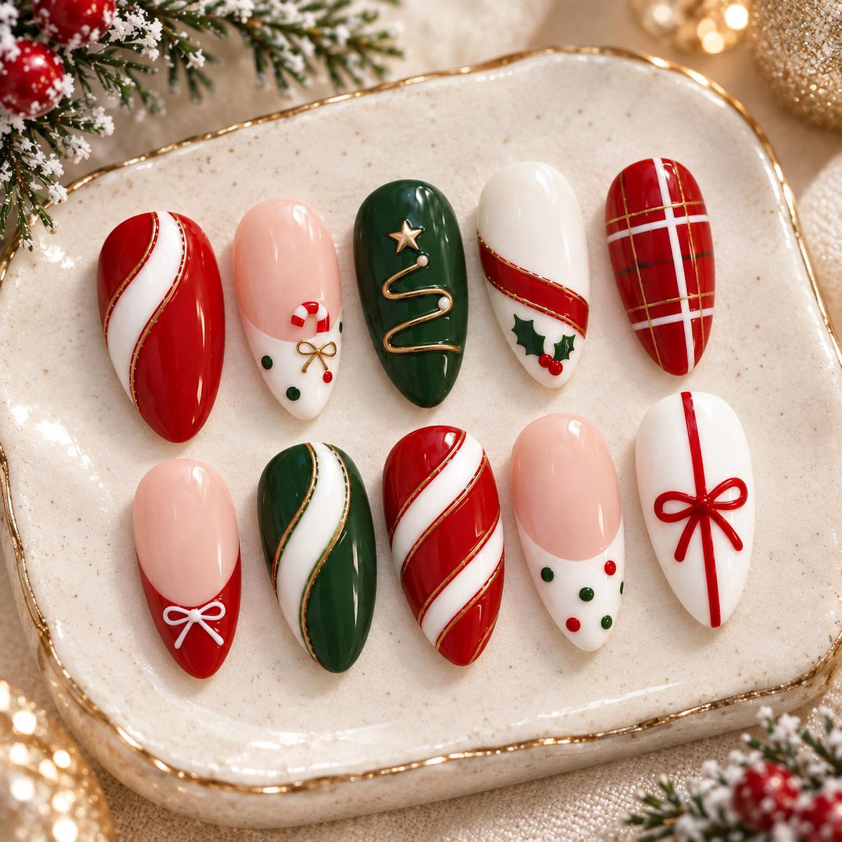Red and Green Christmas Press-On Nails with Candy Cane Stripes, Bows and Plaid