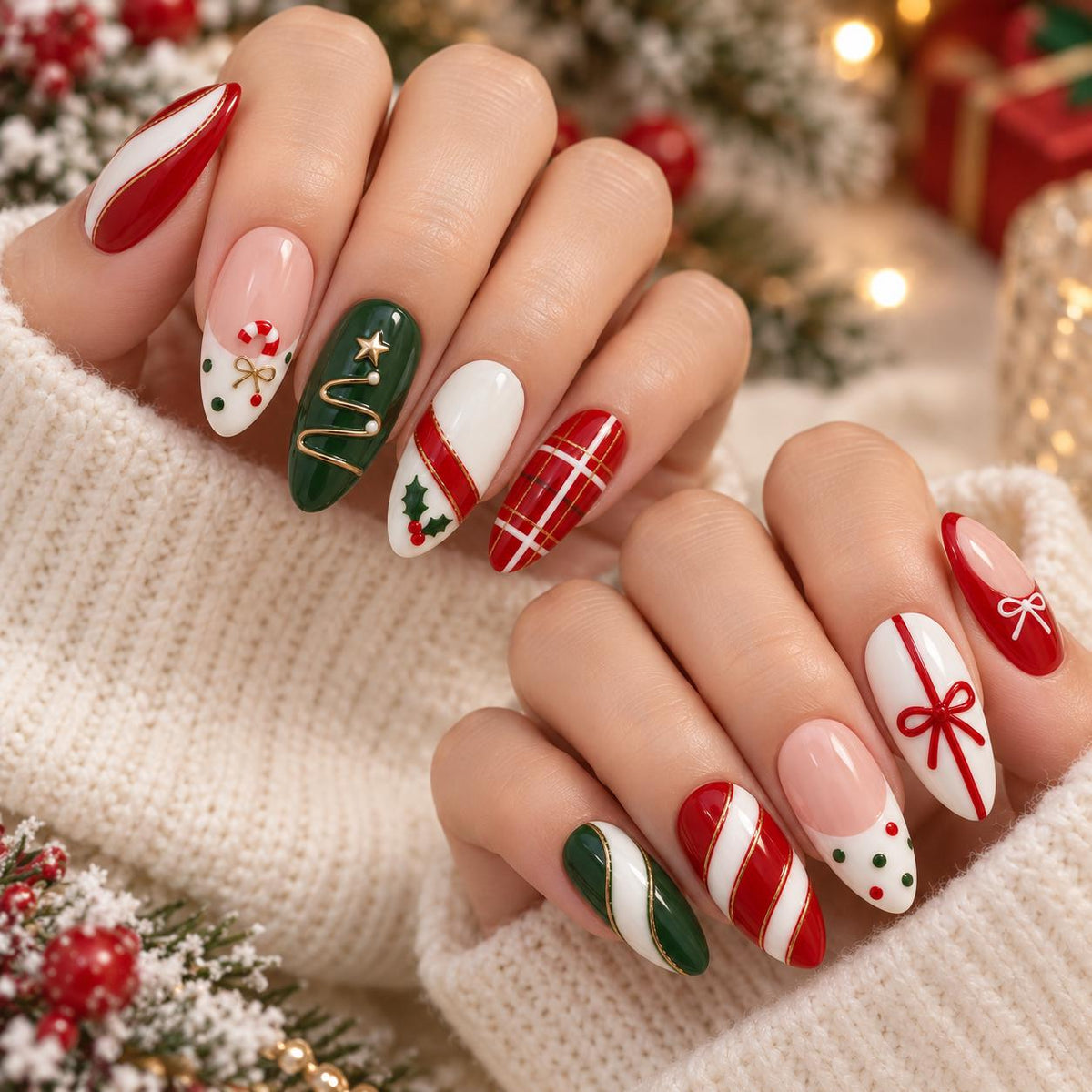 Red and Green Christmas Press-On Nails with Candy Cane Stripes, Bows and Plaid