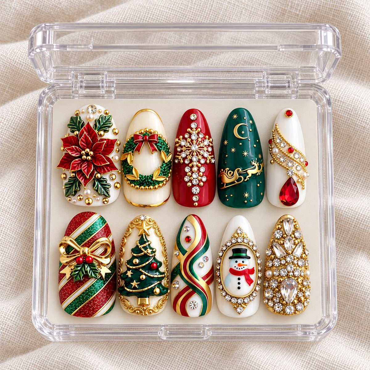 Red and Green Christmas Press On Nails With Poinsettia, Wreath, Snowflake and Rhinestones