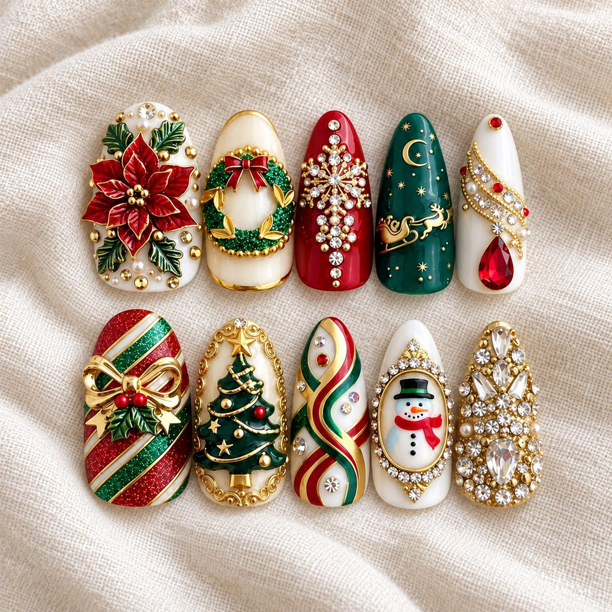 Red and Green Christmas Press On Nails With Poinsettia, Wreath, Snowflake and Rhinestones