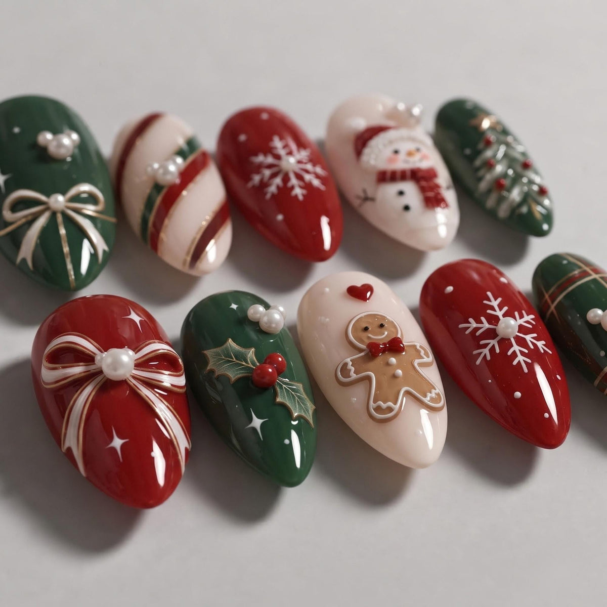 Red and Green Christmas Press On Nails with Snowflakes, Plaid and 3D Holiday Details
