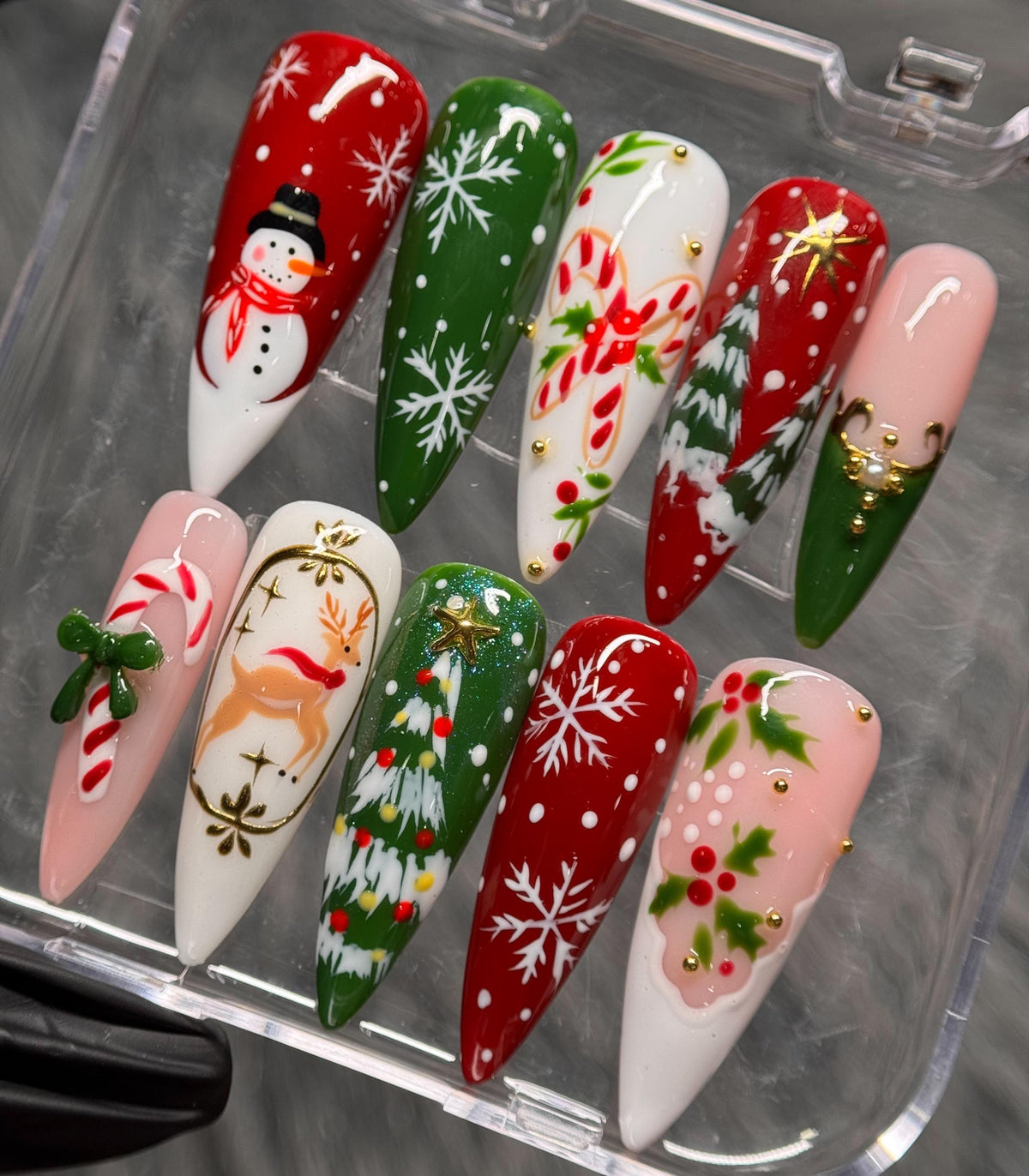 Red and Green Christmas Snowflake Nails with Holiday Charms