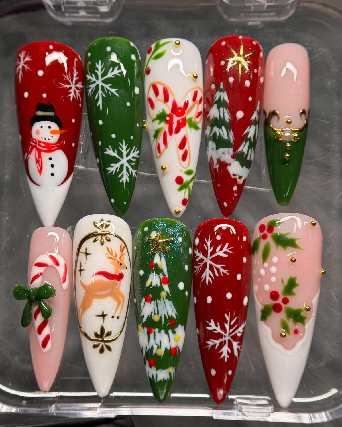 Red and Green Christmas Snowflake Nails with Holiday Charms