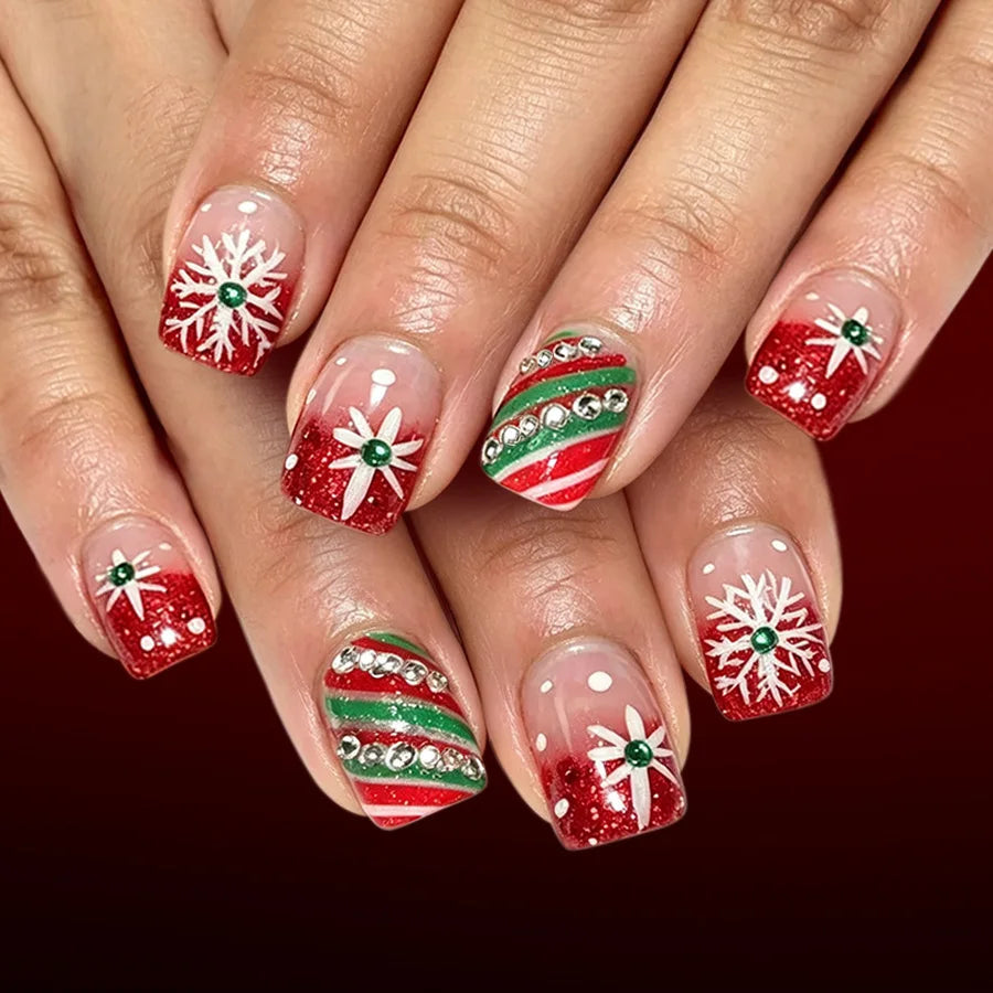 Red and Green Christmas Snowflake Stripe Press-On Nails