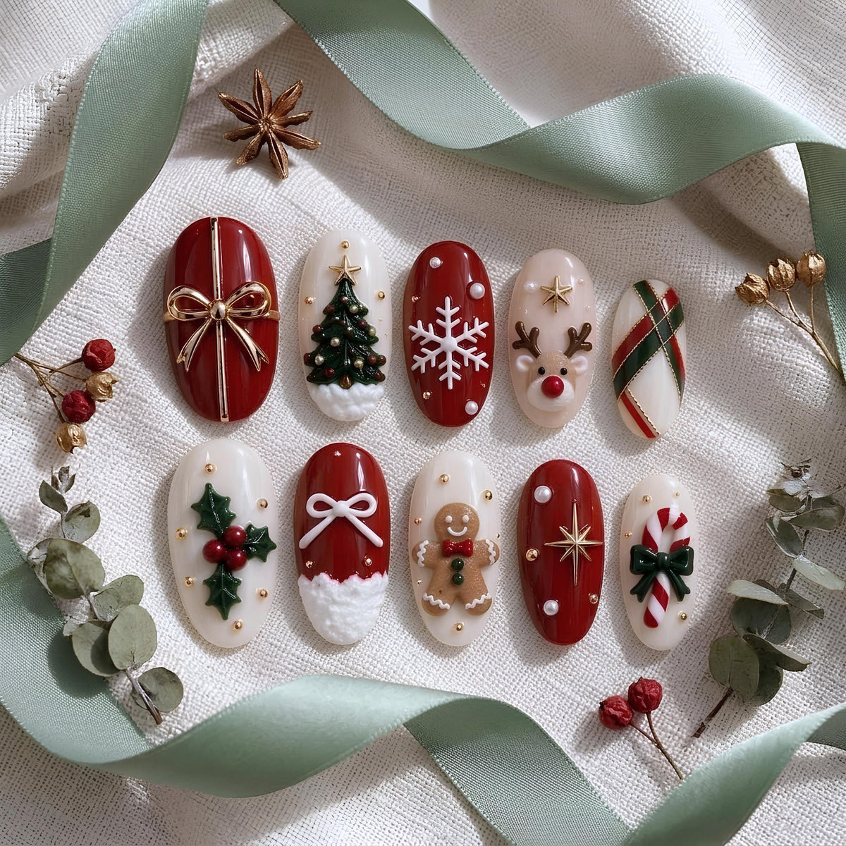 Red and Ivory Christmas Nail Set With Bows, Tree, Snowflake and Holiday Motifs