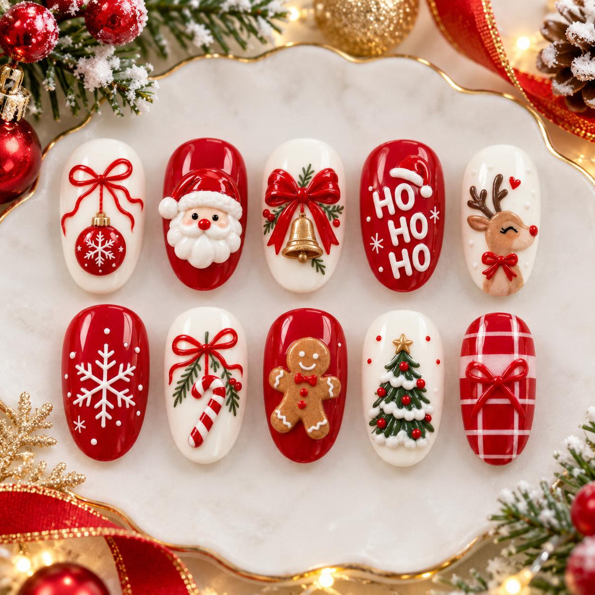 Red and Ivory Christmas Press On Nails With Santa, Gingerbread and Reindeer
