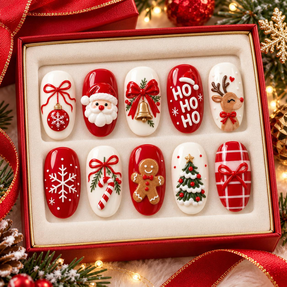 Red and Ivory Christmas Press On Nails With Santa, Gingerbread and Reindeer