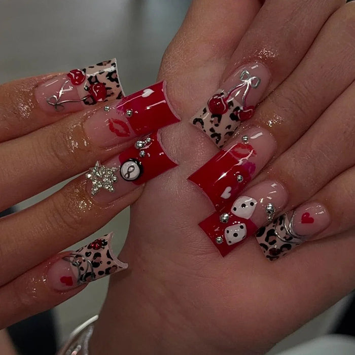 Red and Nude Casino Cherry Press On Nails with Leopard Print and Charms
