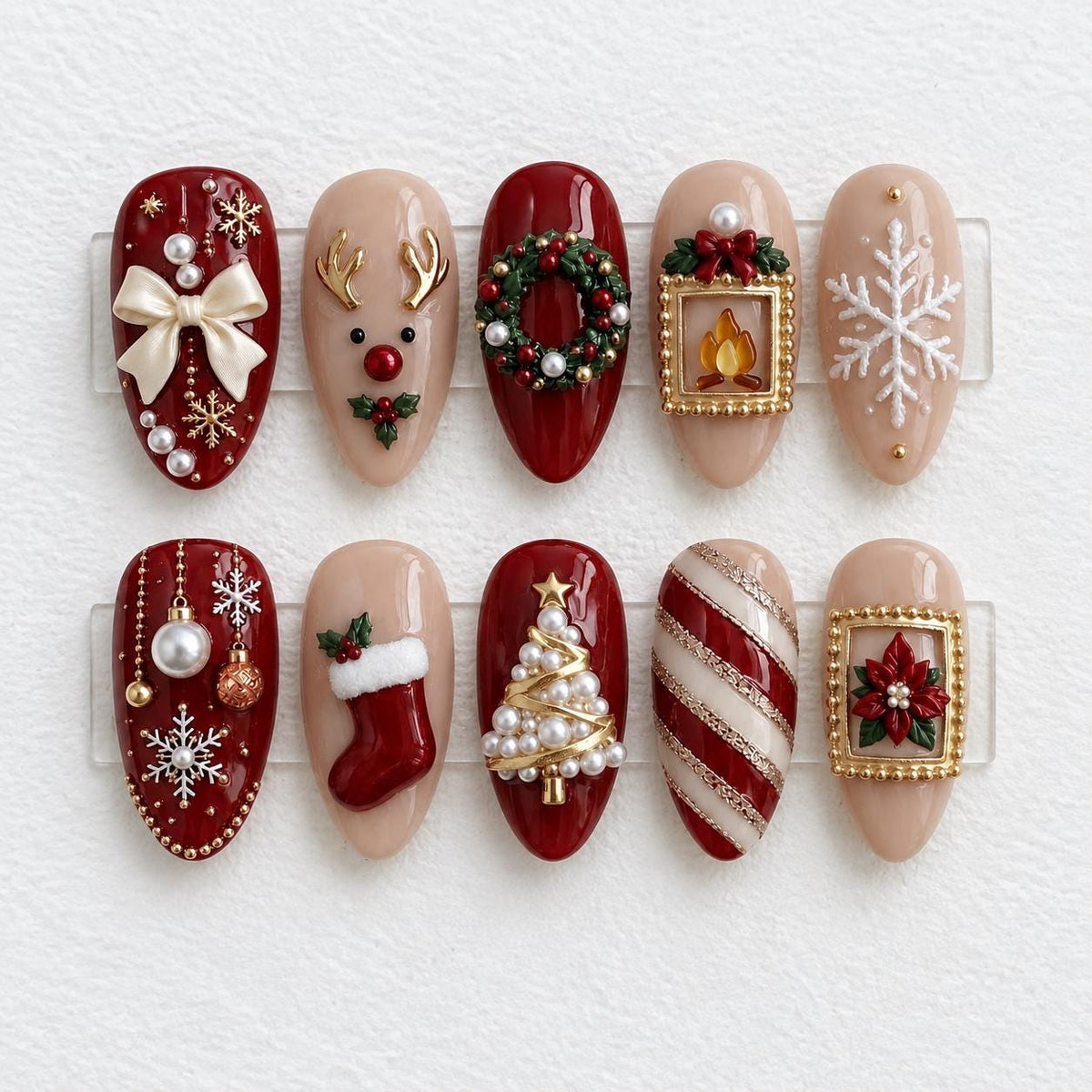 Red and Nude Christmas Nail Set with 3D Bows, Wreath, Tree and Snowflakes