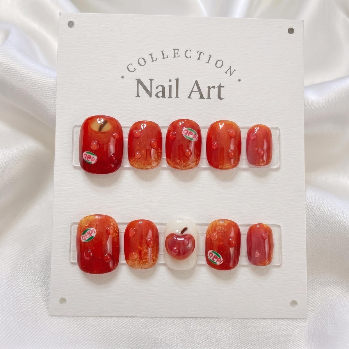 Red and Orange Apple Press-On Nails With 3D Water Drops