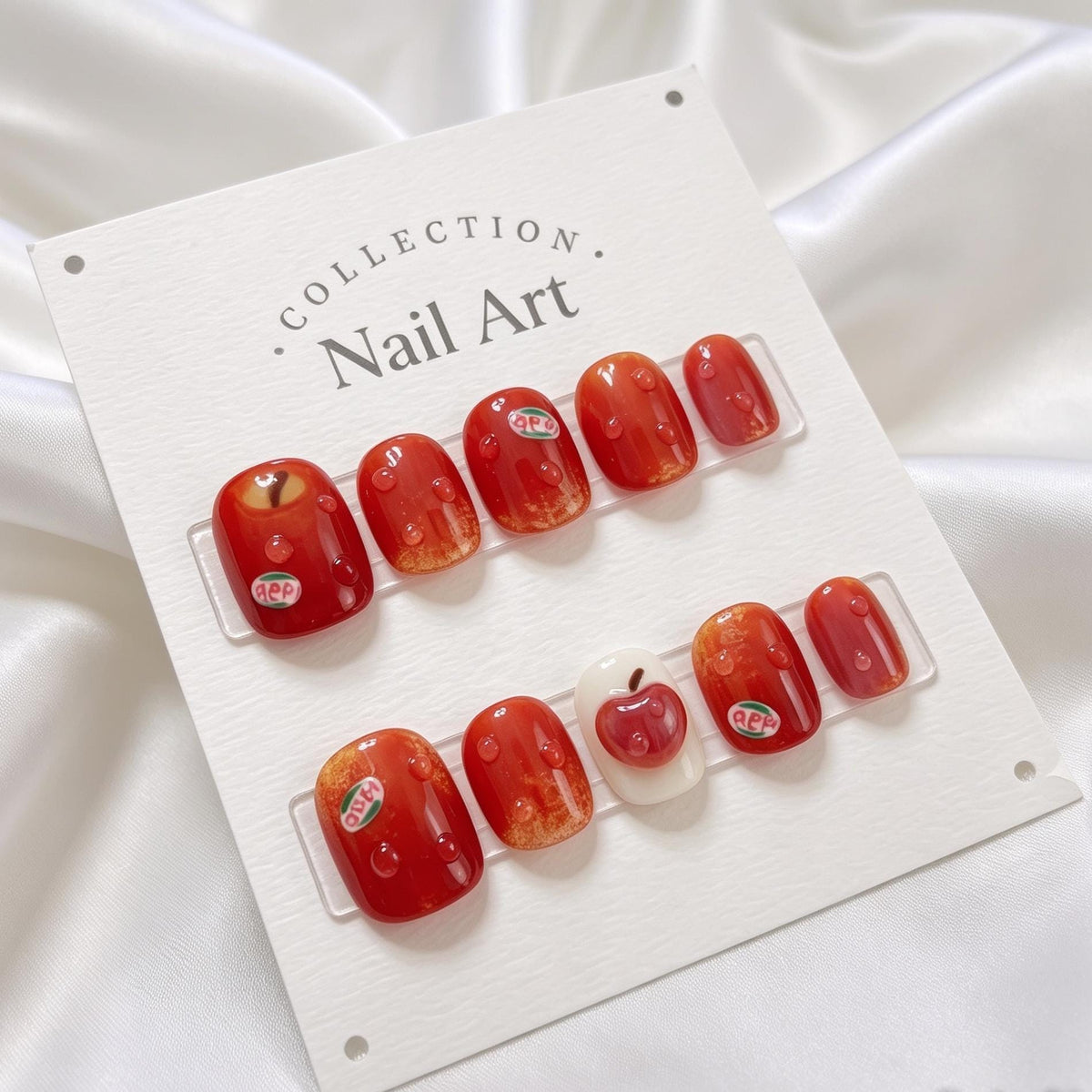 Red and Orange Apple Press-On Nails With 3D Water Drops