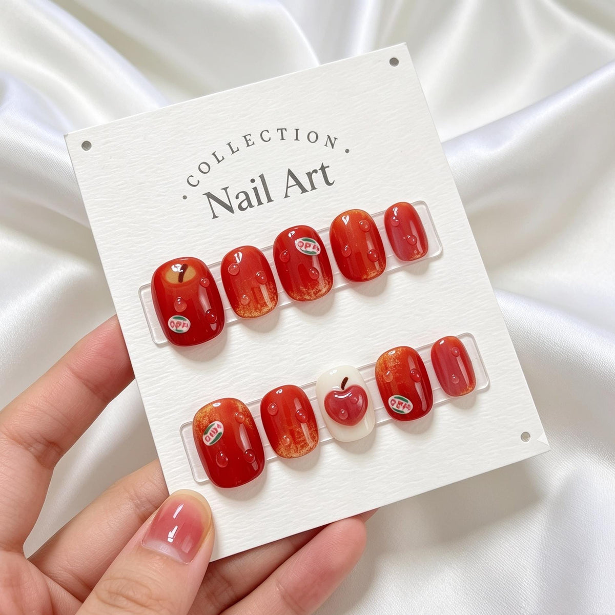 Red and Orange Apple Press-On Nails With 3D Water Drops
