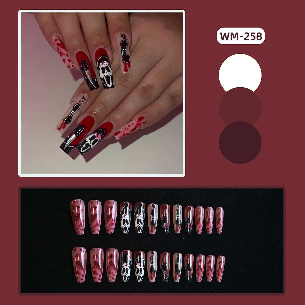 Red and Pink Blood-Splatter Ghost Mask Halloween Nail Set