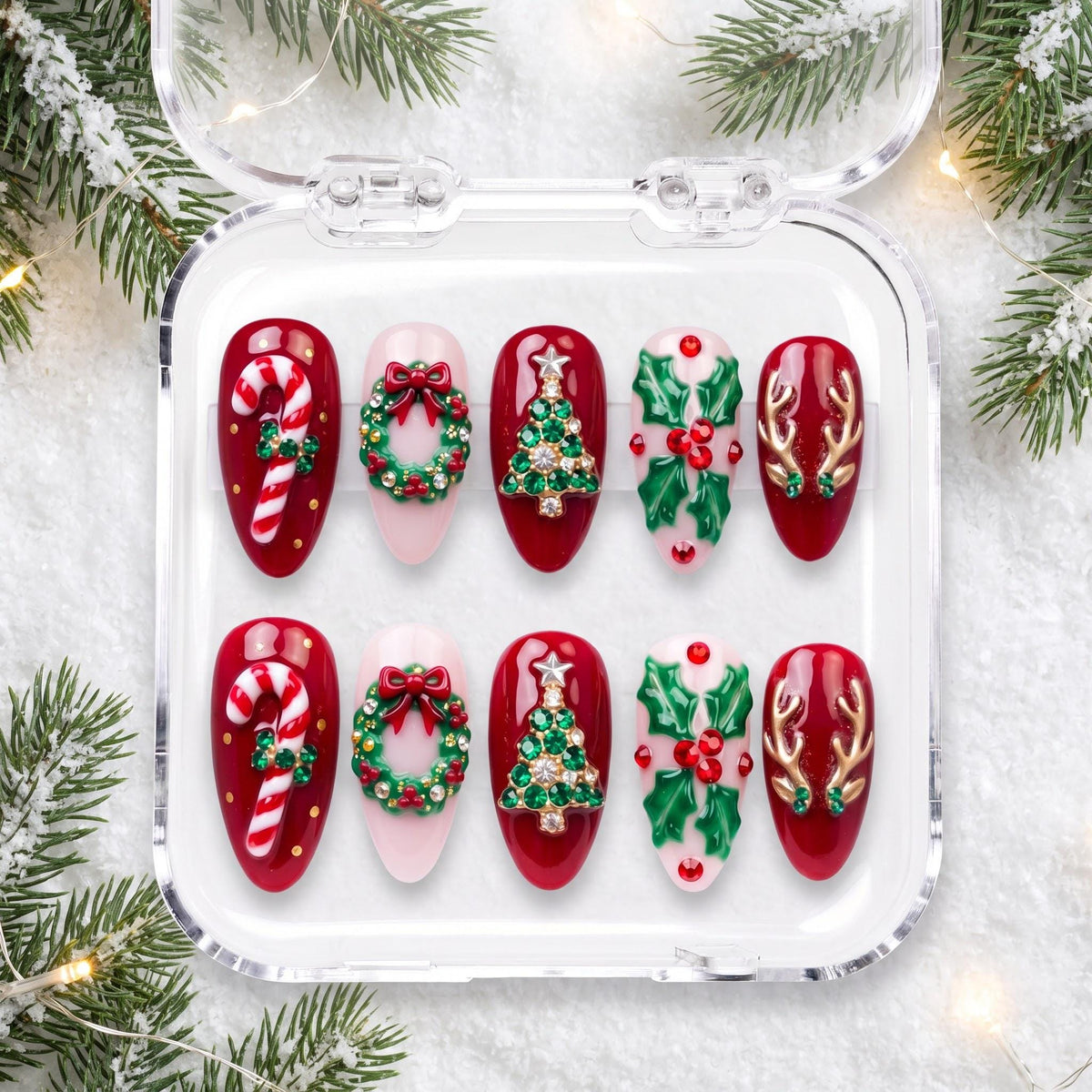 Red and Pink Christmas Nails With Candy Canes, Wreaths and Reindeer Antlers