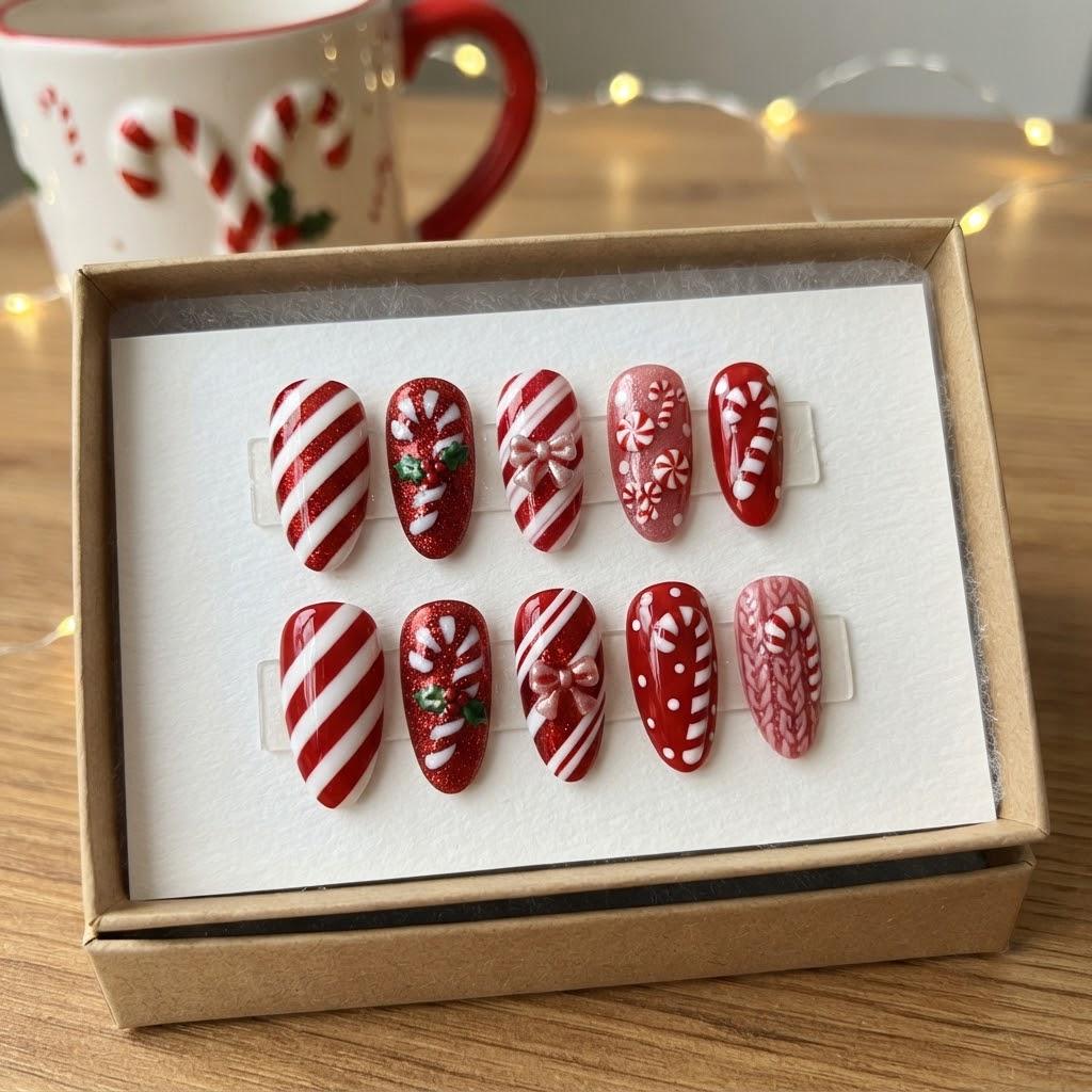 Red and White Candy Cane Christmas Nail Set With Snowflakes and Bows