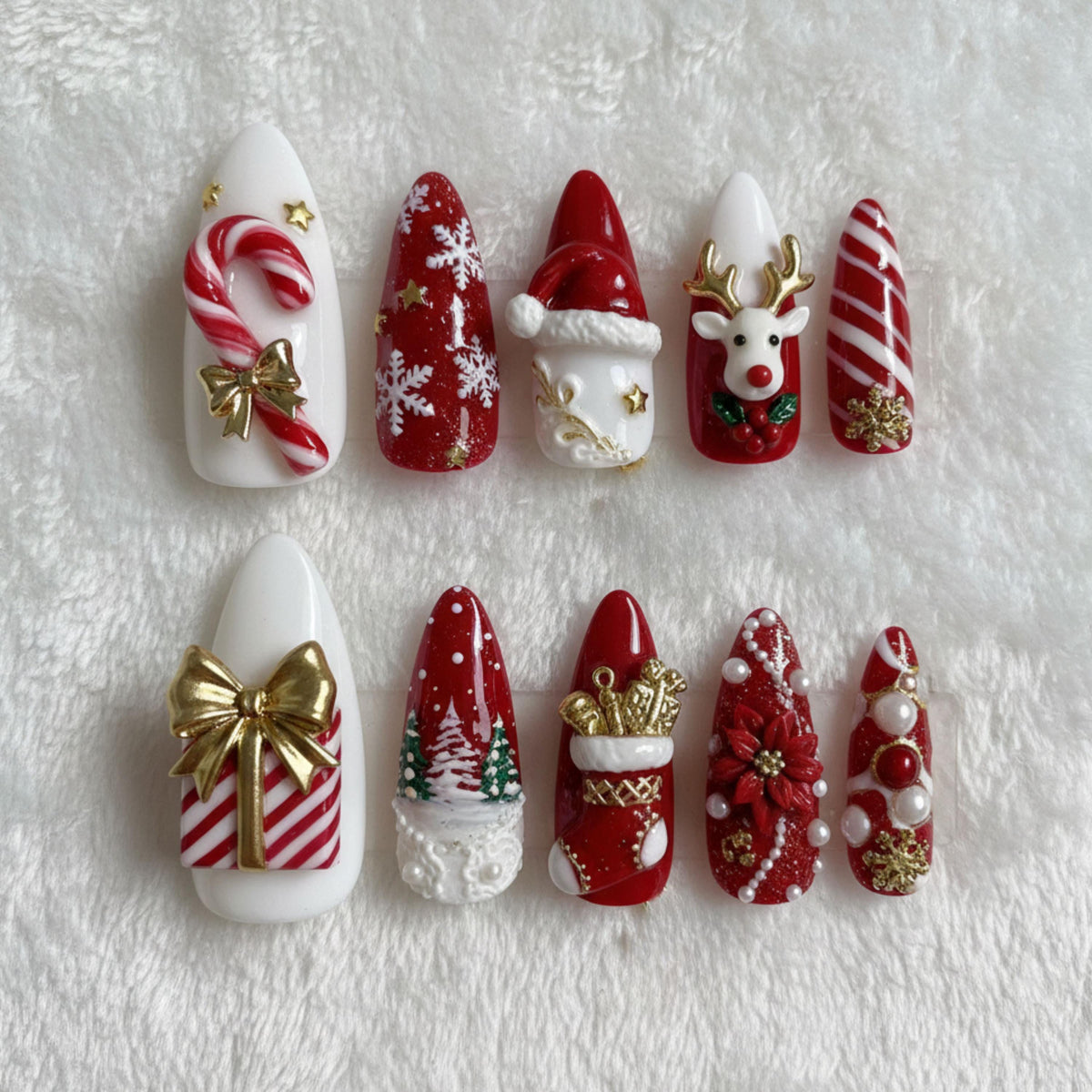 Red and White Christmas Press On Nails with Candy Cane Stripes, Reindeer, Snowflakes and 3D Accents