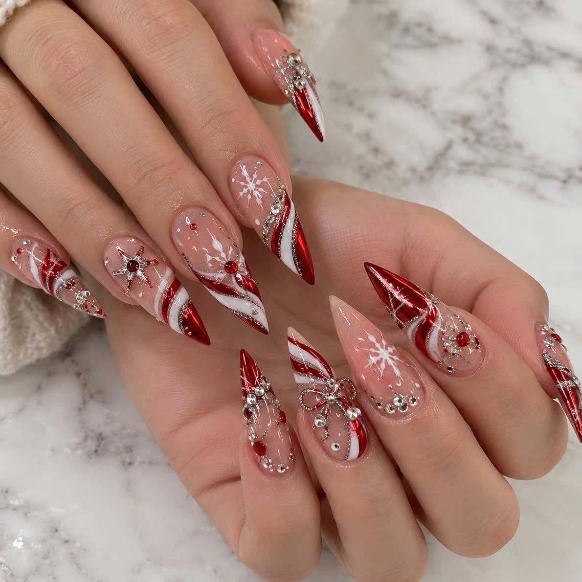 Red and White Christmas Snowflake Candy Cane Rhinestone Nail Set