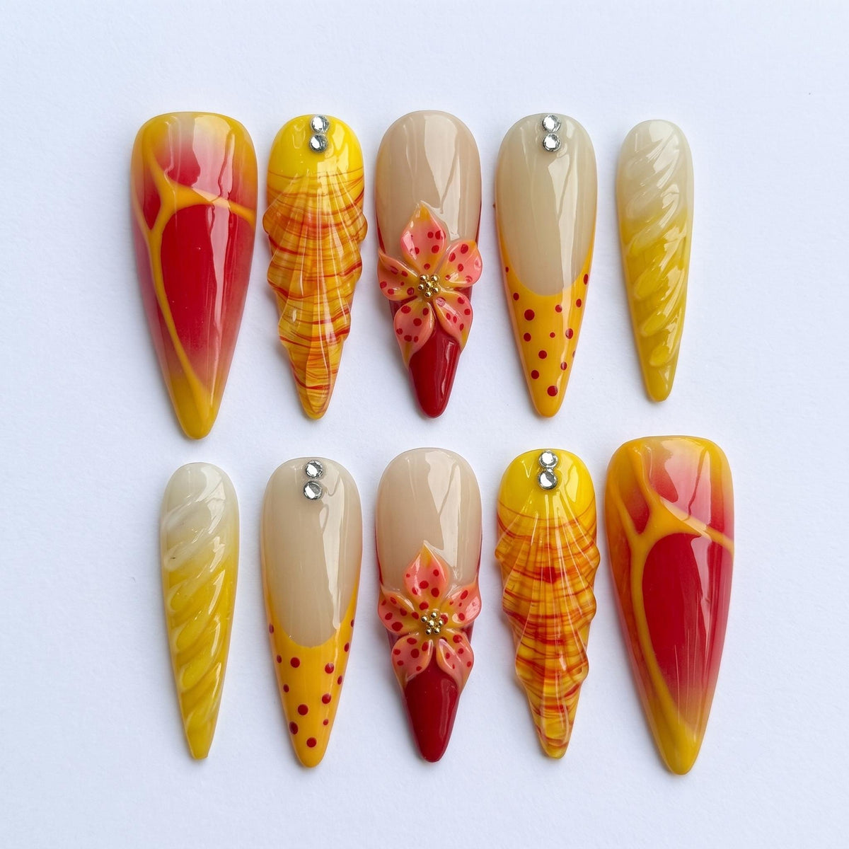 Red and Yellow Floral Shell-Inspired Press On Nails with Rhinestones