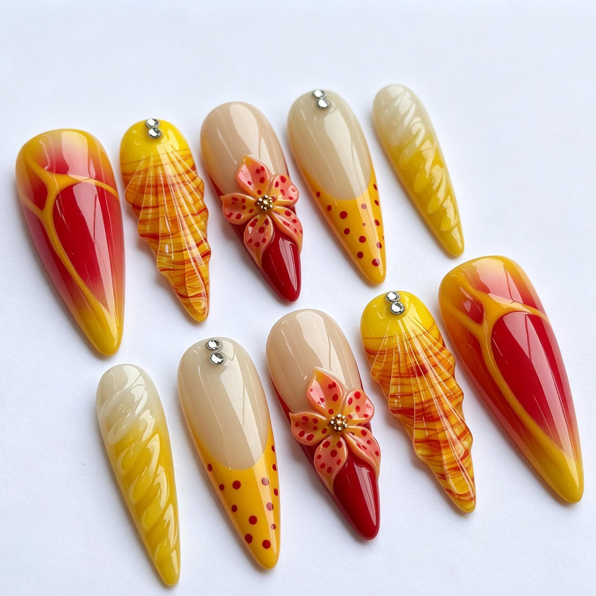 Red and Yellow Floral Shell-Inspired Press On Nails with Rhinestones