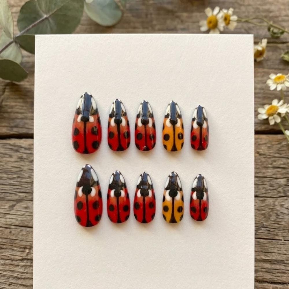 Red and Yellow Ladybug Press On Nail Set