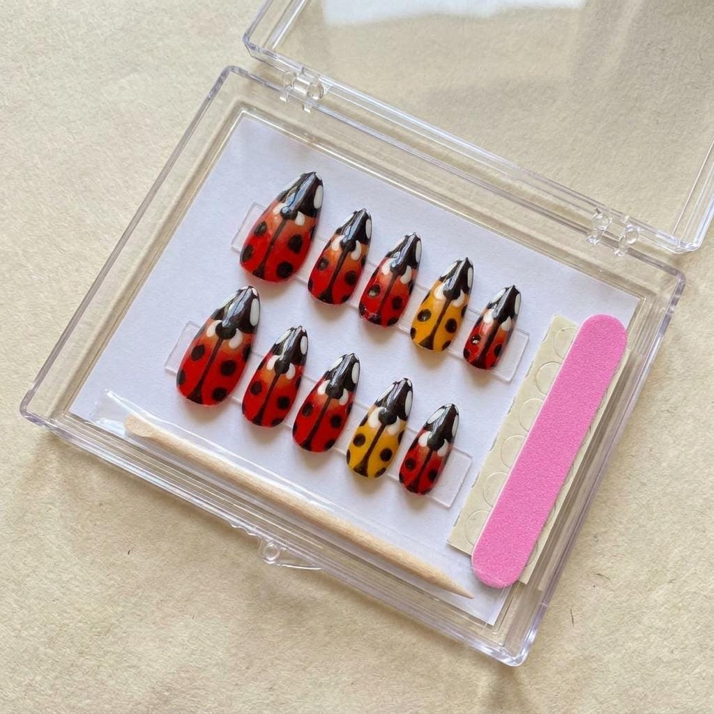 Red and Yellow Ladybug Press On Nail Set