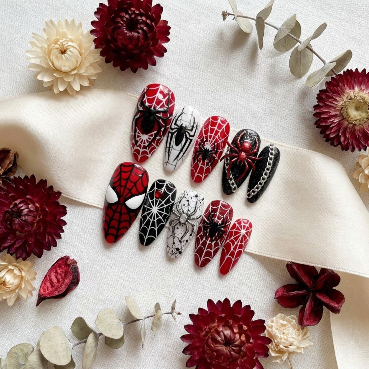 Red, Black & White Superhero Spiderweb Press On Nails With Raised Spider and Chain